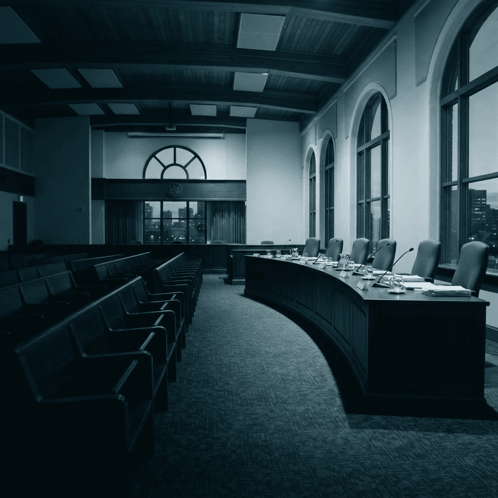 Public chamber seating under soft light — a stand-in for meetings and decisions across government
